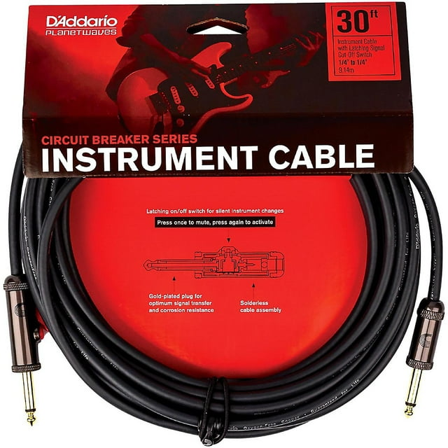 D'Addario Planet Waves 30' Circuit Breaker Straight Plug Latching Switch Instrument Cable in Black