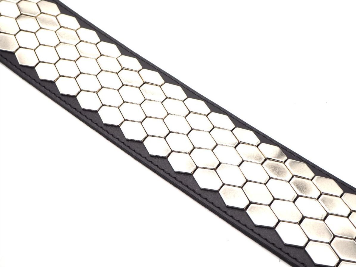 DSL Straps Black Leather Guitar Strap with Hexagon Shape Metal Studs