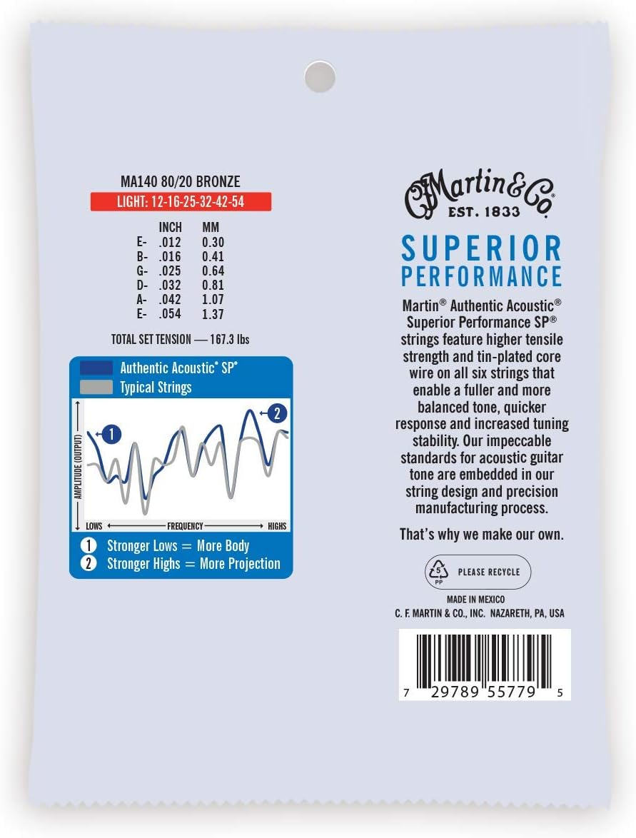 Martin Authentic Acoustic Guitar Strings Superior Performance Light 12-54 Gauge, 80/20 Bronze