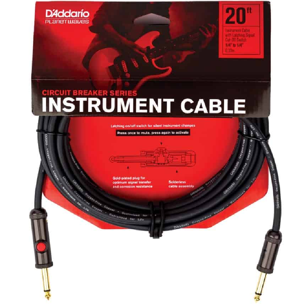 D'Addario Planet Waves 20' Circuit Breaker Straight Plug Latching Switch Instrument Cable in Black