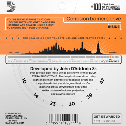 D'Addario EJ10 Bronze Acoustic Guitar Strings Extra Light 10-47 Gauge