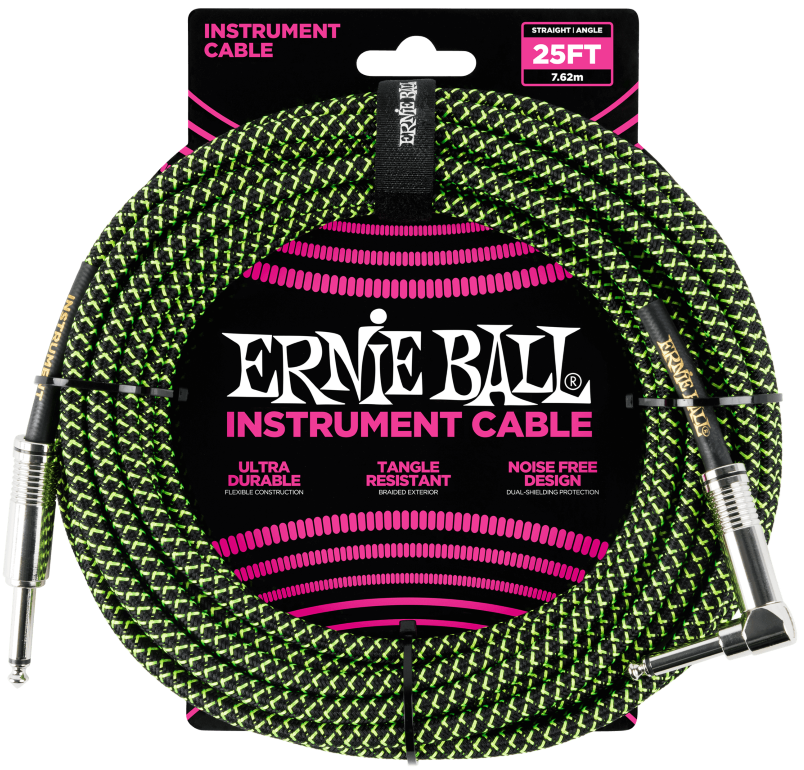 Ernie Ball Braided Straight to Angle Instrument Cable 10 foot in Black Green