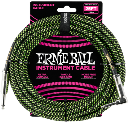 Ernie Ball Braided Straight to Angle Instrument Cable 10 foot in Black Green