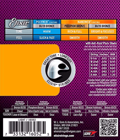 Elixir  16052 Nanoweb Phosphor Bronze Acoustic Guitar Strings Lite 12-53 Gauge