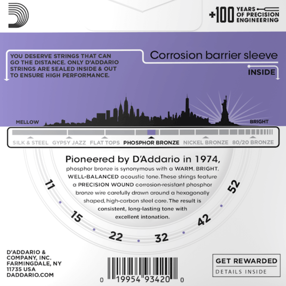 D'Addario EJ26 3D Phosphor Bronze 3 Sets Acoustic Guitar Strings Custom Light 11-52 Gauge