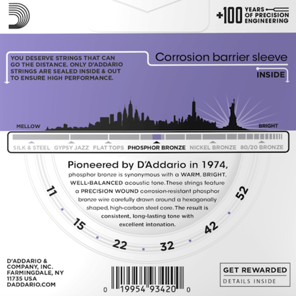 D'Addario EJ26 3D Phosphor Bronze 3 Sets Acoustic Guitar Strings Custom Light 11-52 Gauge