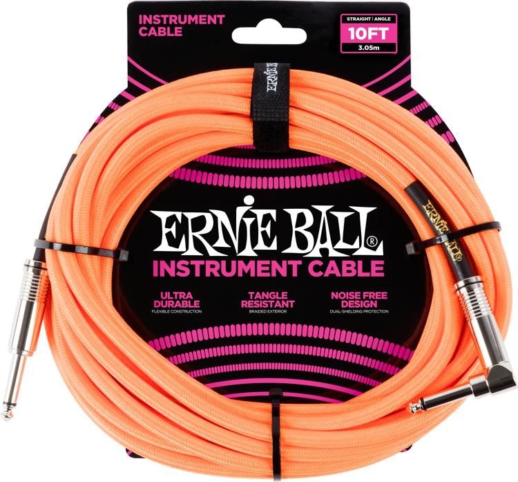 Ernie Ball 10' Braided Straight to Angled Instrument Cable in Neon Orange