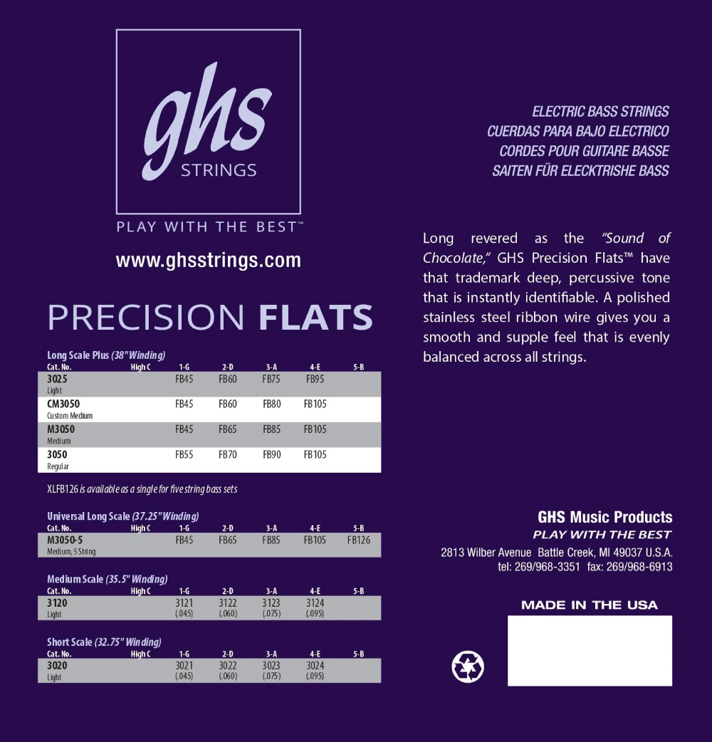 GHS 3050 Pressurewound Bass Flatwound Guitar String 55-105 Gauge