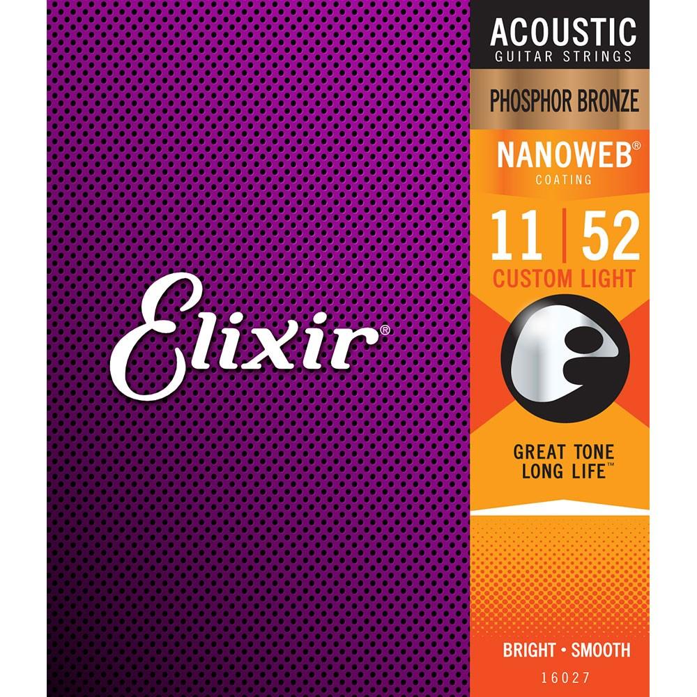 Elixir 16027 Nanoweb Phosphor Bronze Acoustic Guitar Strings Custom Light 11-52 Gauge