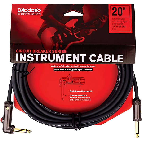 Planet Waves 20' Circuit Breaker Instrument Right Angle Plug Latching Switch Cable in Black