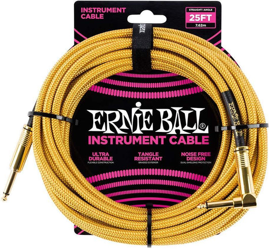 Ernie Ball Braided Straight to Angle Instrument Cable 25 foot in Gold