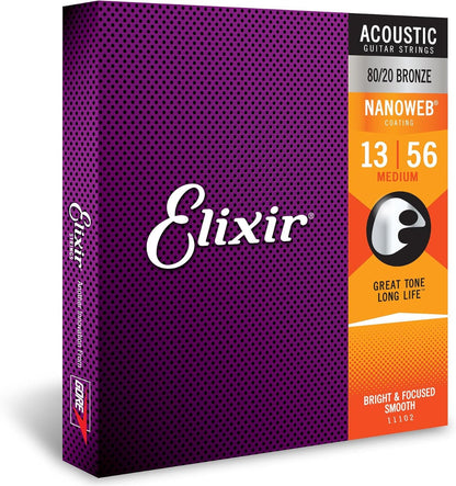 Elixir 11102 Nanoweb 80/20 Acoustic Guitar Strings Medium 13-56 Gauge