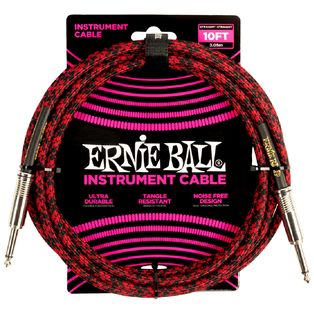 Ernie Ball 10ft Braided Straight to Straight Instrument Cable in Red Black