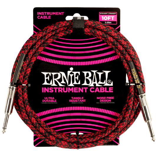 Ernie Ball 10ft Braided Straight to Straight Instrument Cable in Red Black