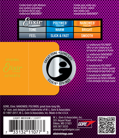 Elixir Acoustic Nano Acoustic Guitar Strings Light-Med 12-56 Gauge
