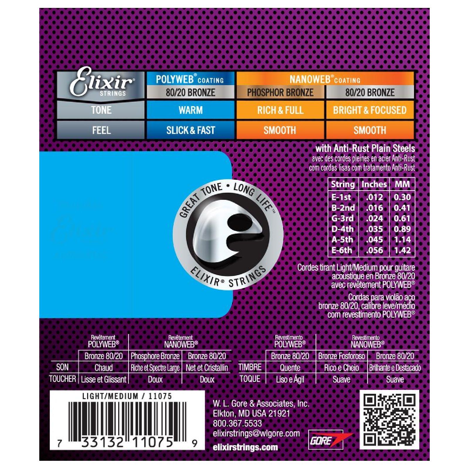 Elixir #11075 Acoustic Poly Light Med Acoustic Guitar Strings 12-56 Gauge