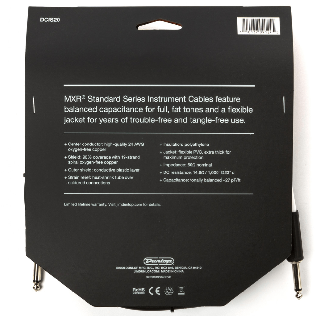 Jim Dunlop MXR 20 FT Standard Straight to Straight Instrument Cable