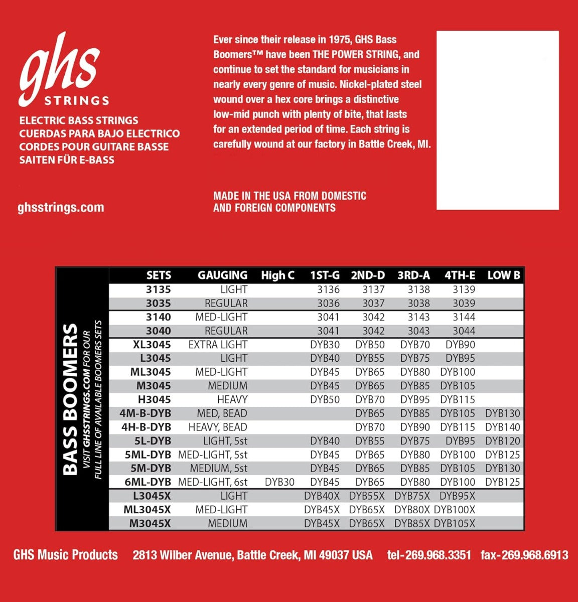 GHS M3045 4 String Bass Boomers Guitar Strings 45-105 Gauge