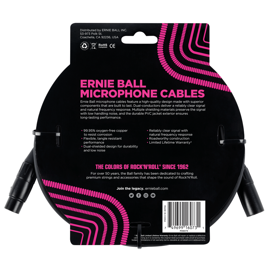 Ernie Ball 25ft Male Female XLR Microphone Cable in Black
