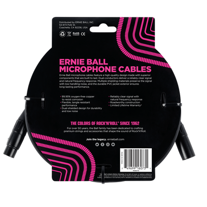Ernie Ball 25ft Male Female XLR Microphone Cable in Black