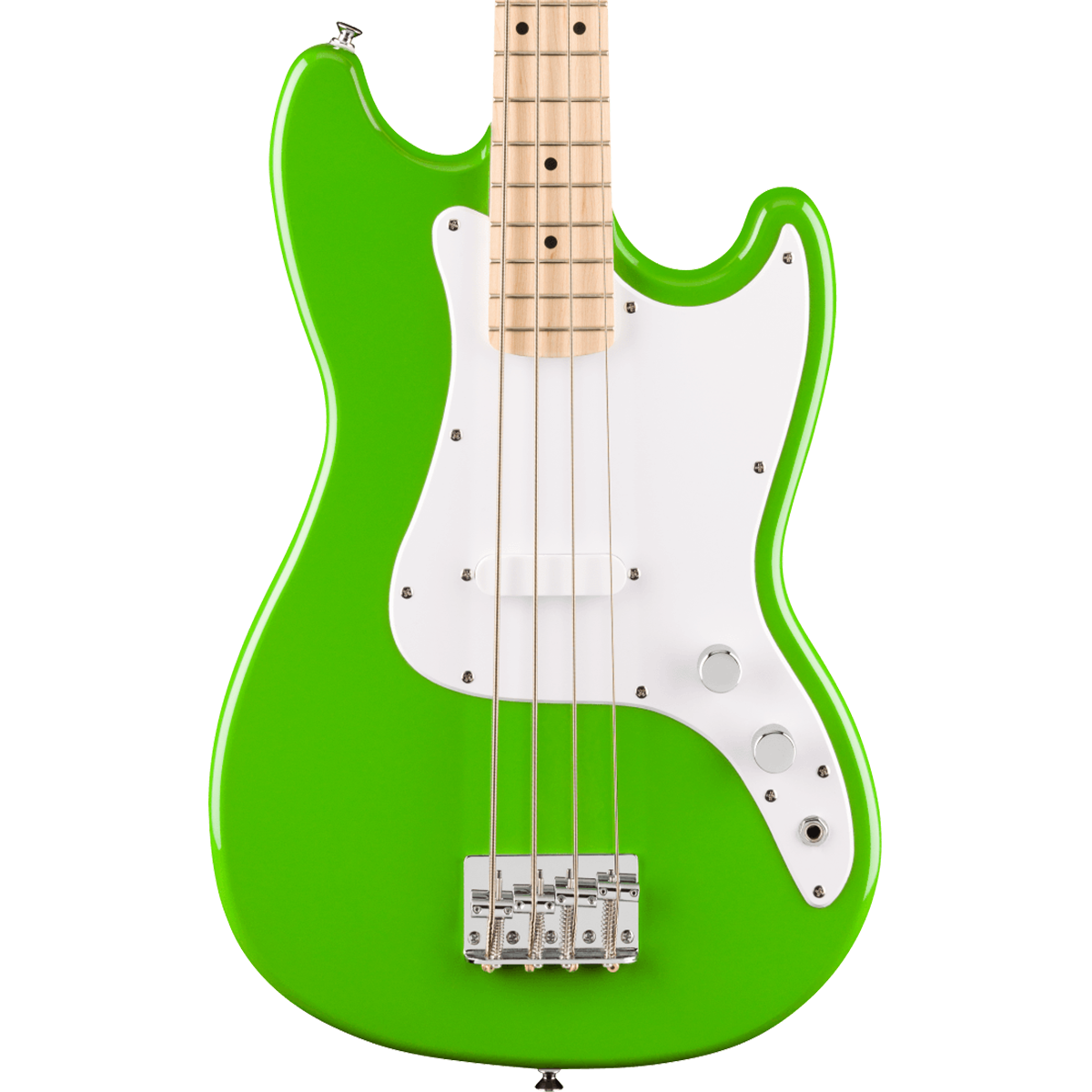 Squier FSR Squier Sonic Bronco Bass, Maple Fingerboard, White Pickguard in Lime Green