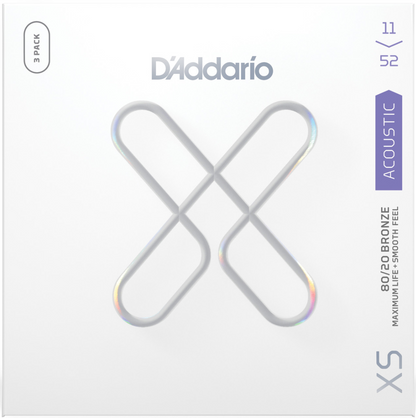D'Addario XS 80/20 Bronze Custom Light Coated Acoustic Guitar Strings 3 Pack 11-52 Gauge