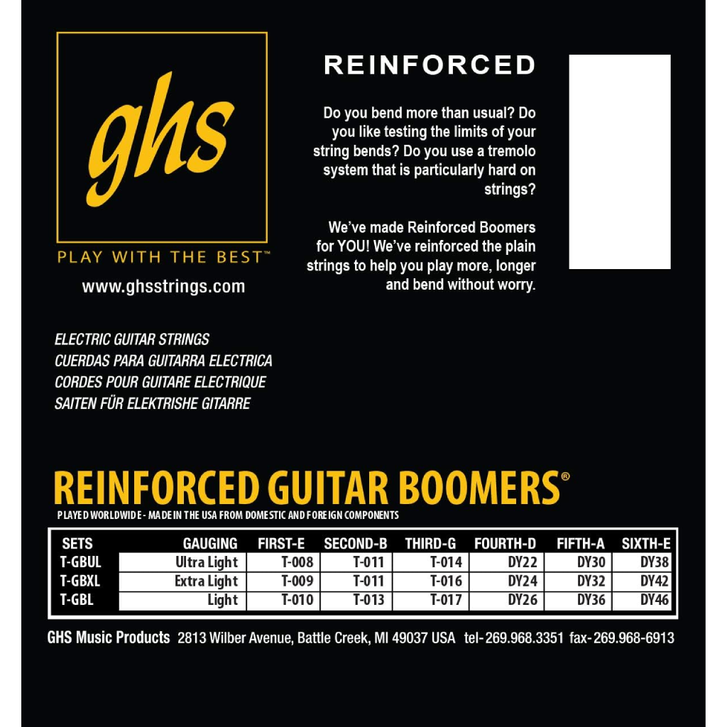 GHS TGBXL Reinforced Boomers Extra Light Electric Guitar Strings 9-42 Gauge