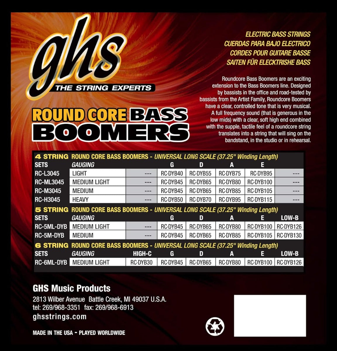 GHS ML3045 Round Core Bass Boomers Guitar Strings 45-100 Gauge