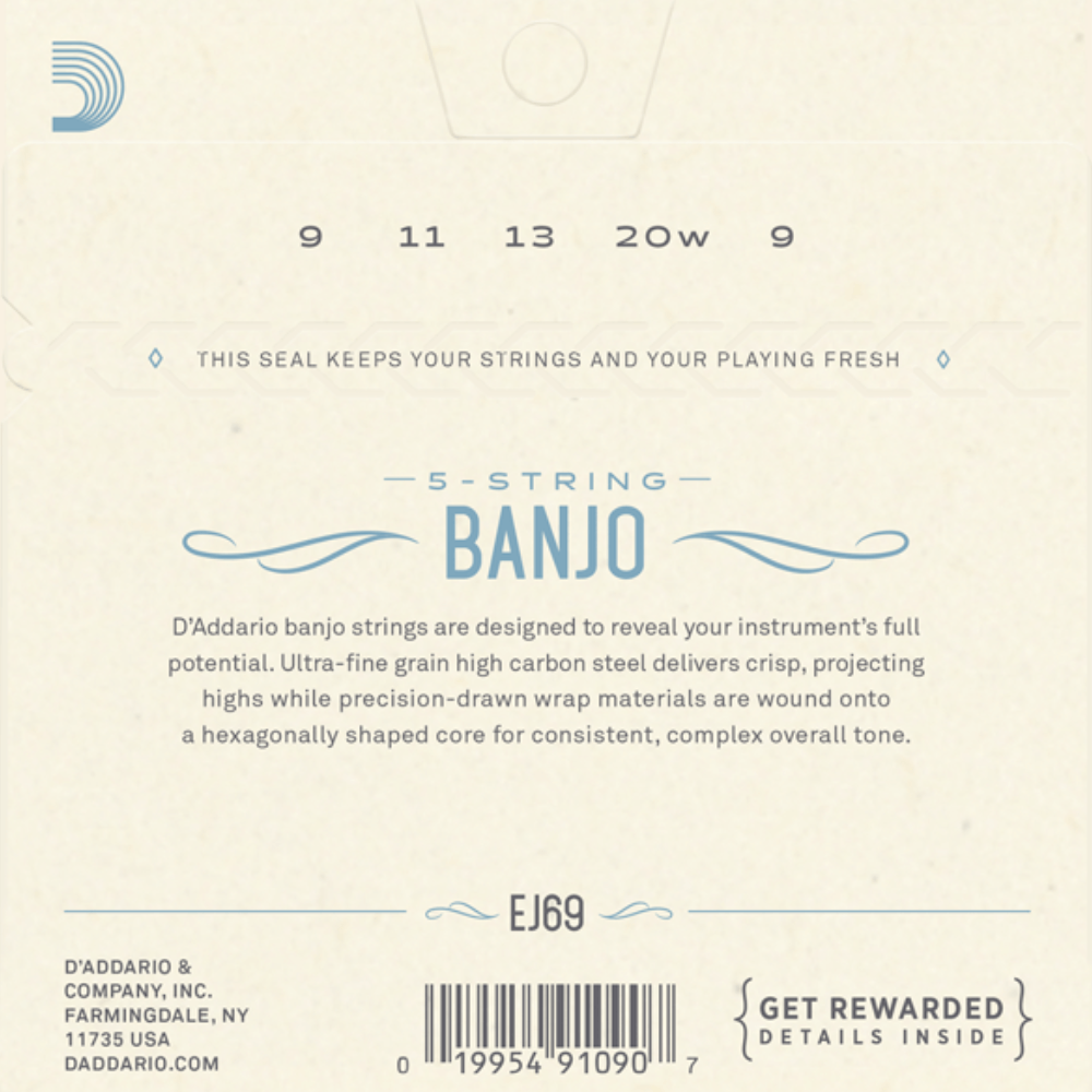 D'Addario EJ69 5 String Banjo Strings Phosphor Bronze Light 9-20