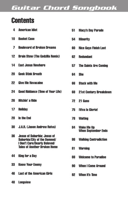 Green Day Guitar Chord Songbook