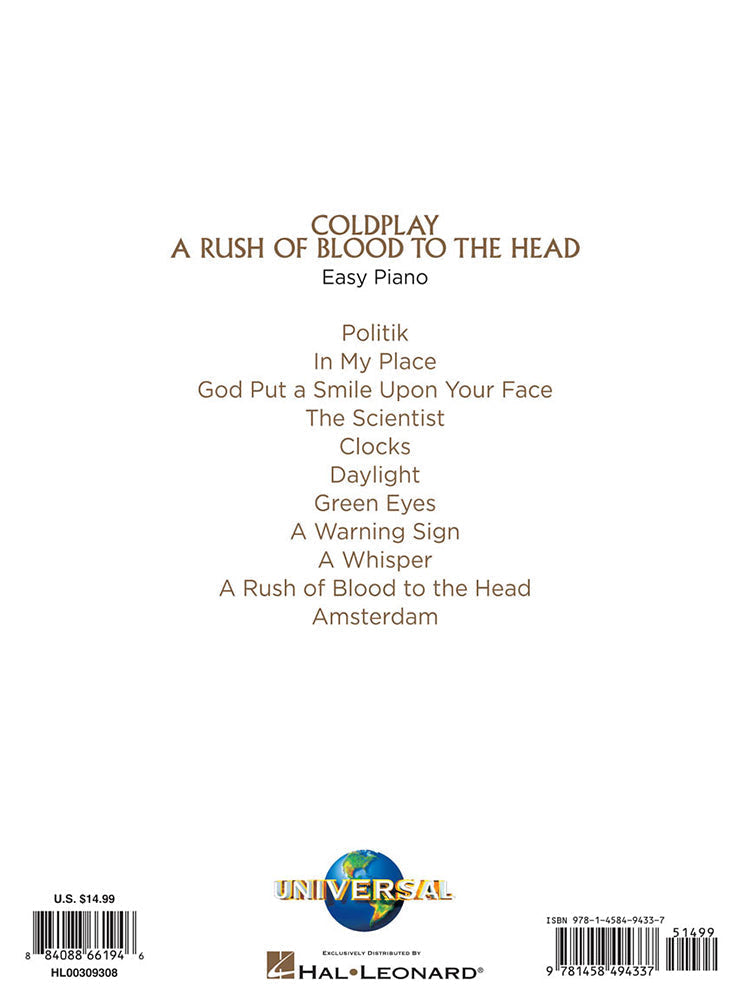 Coldplay A Rush Of Blood To The Head Easy Piano