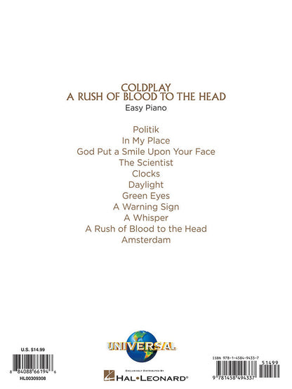 Coldplay A Rush Of Blood To The Head Easy Piano