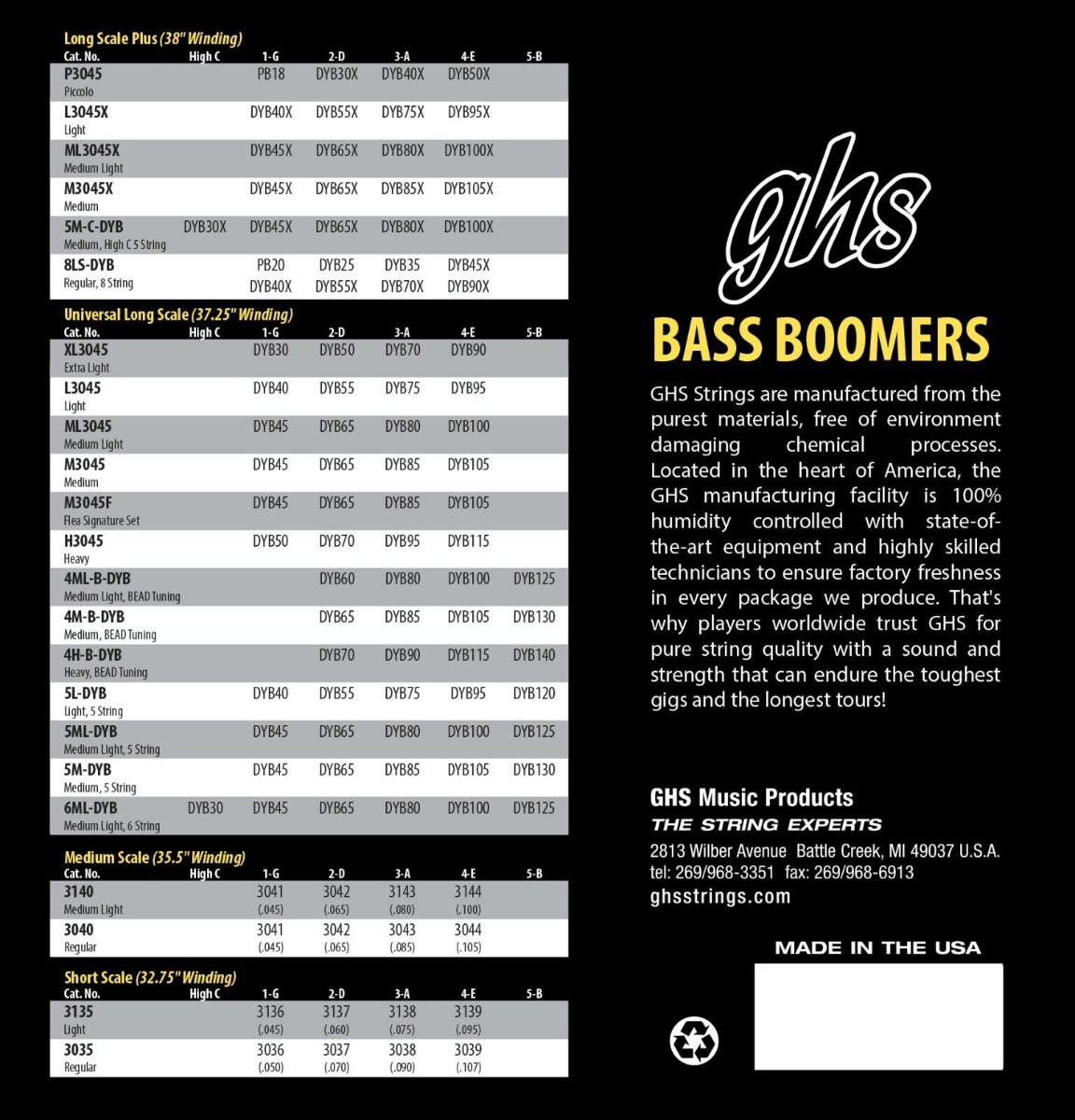 GHS XL3045 Bass Boomers Guitar Strings 30-90 Gauge