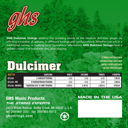 GHS D20M Dulcimer Stainless Steel Strings Mixolydian Tuning Loop End 12-20 Gauge