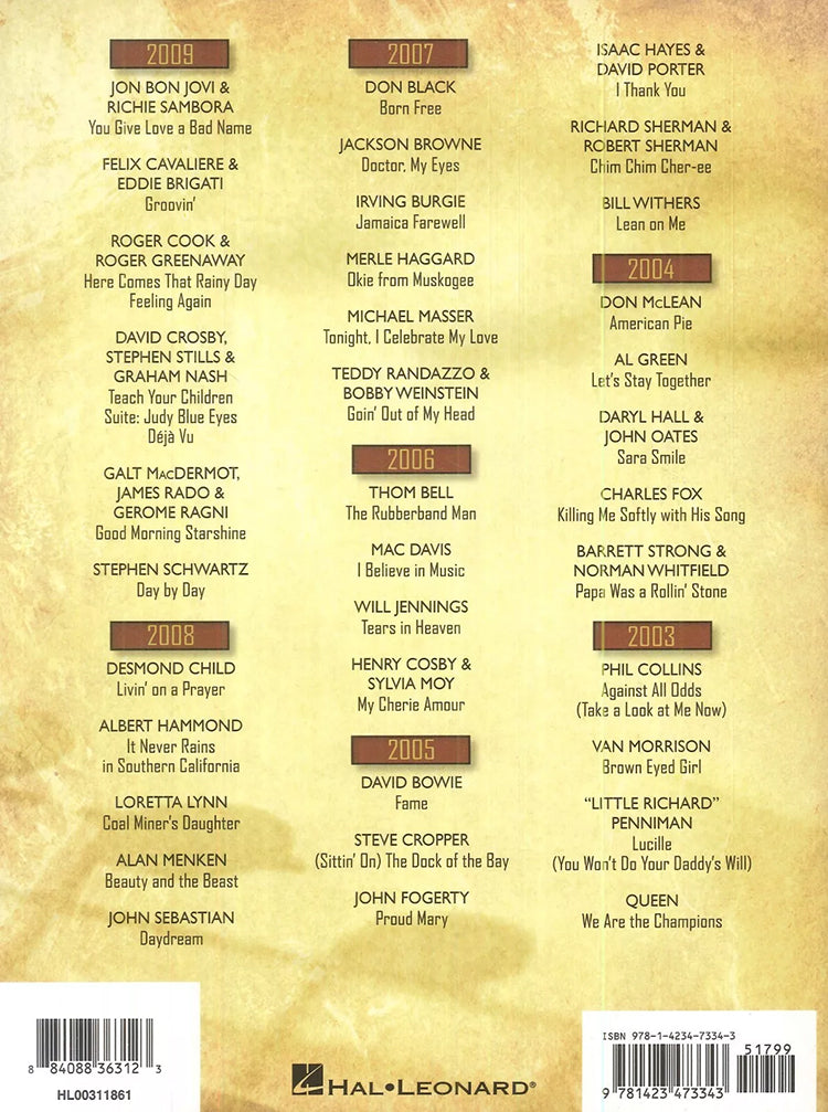 Songwriters Hall Of Fame 38 Songs By Inductees From 2003 To 2009 PVG