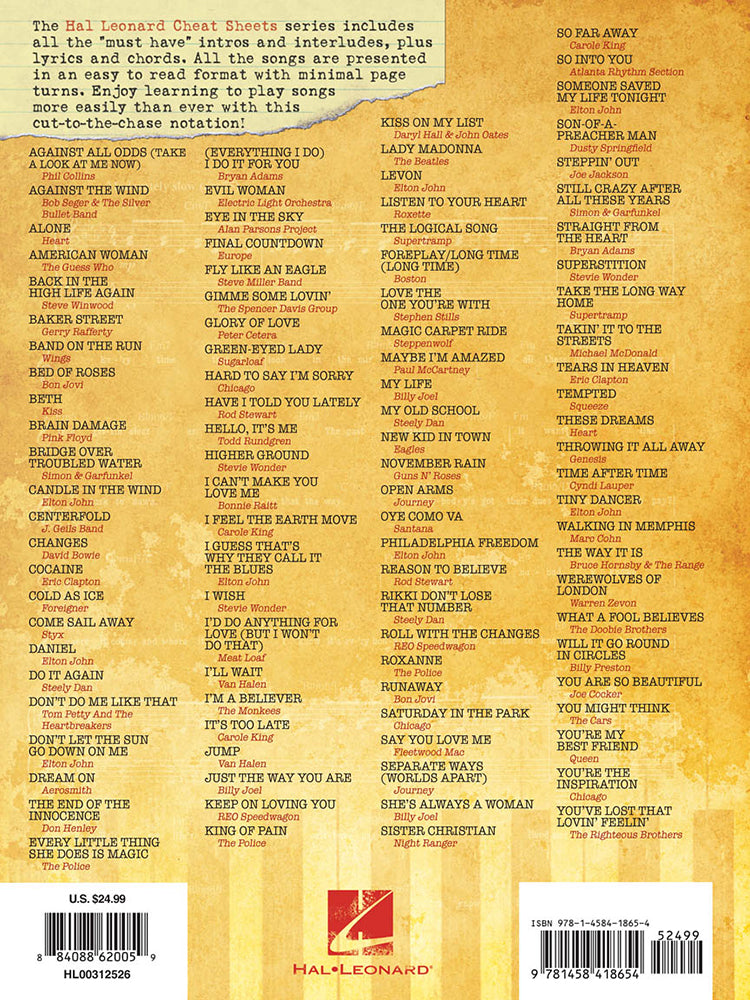 Piano Cheat Sheets Classic Rock