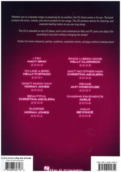 The Grammy Awards Best Female Pop Vocal Performance 2000-2009 Pro Vocal Women's Edition Volume 58 Bk/Cd