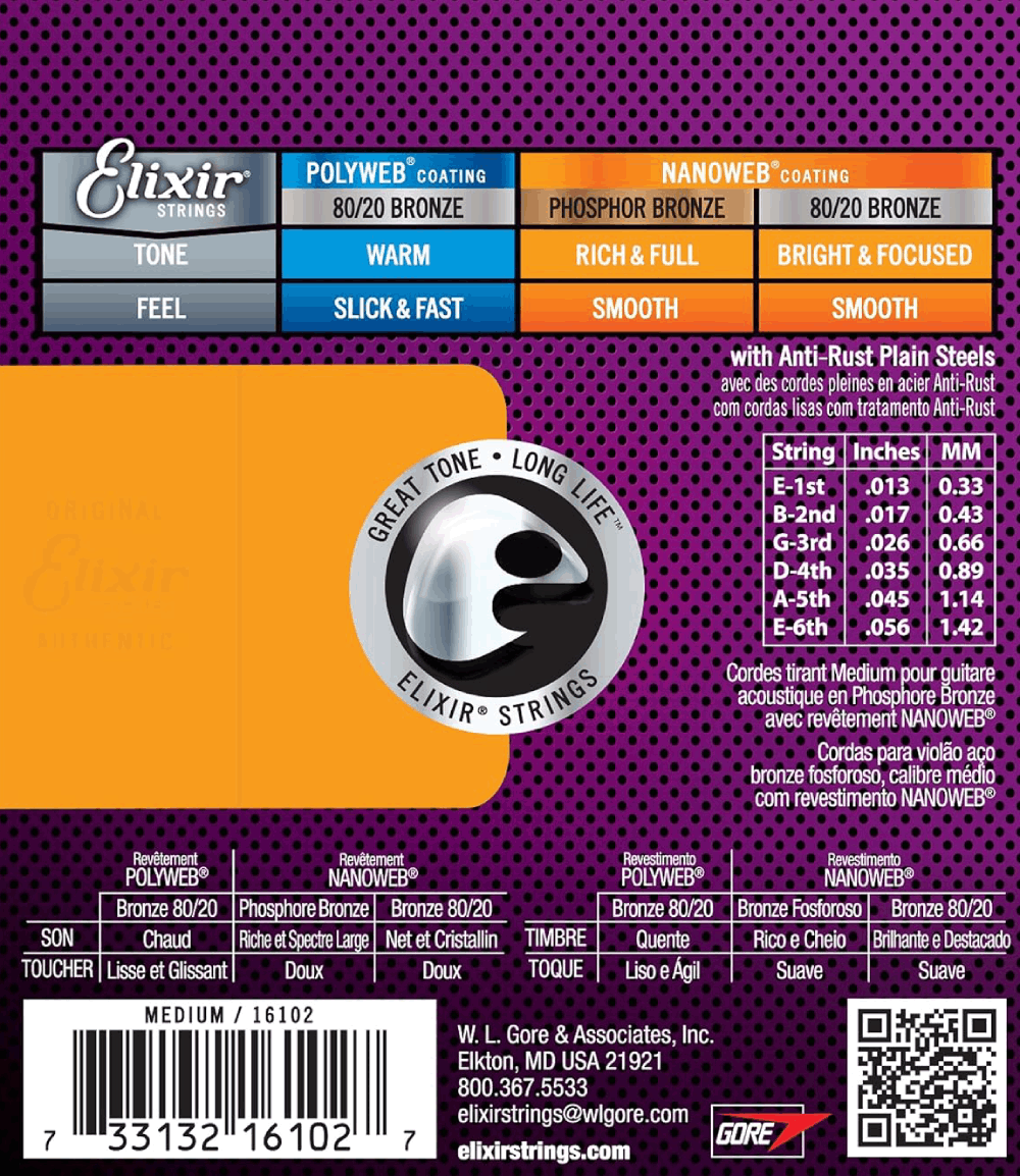 Elixir  16102 Nanoweb Phosphor Bronze Acoustic Guitar Strings Medium 13-56 Gauge
