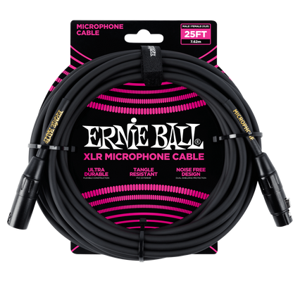 Ernie Ball 25ft Male Female XLR Microphone Cable in Black