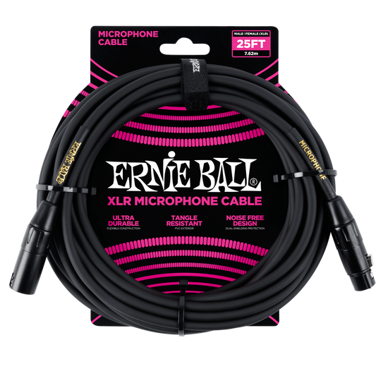 Ernie Ball 25ft Male Female XLR Microphone Cable in Black