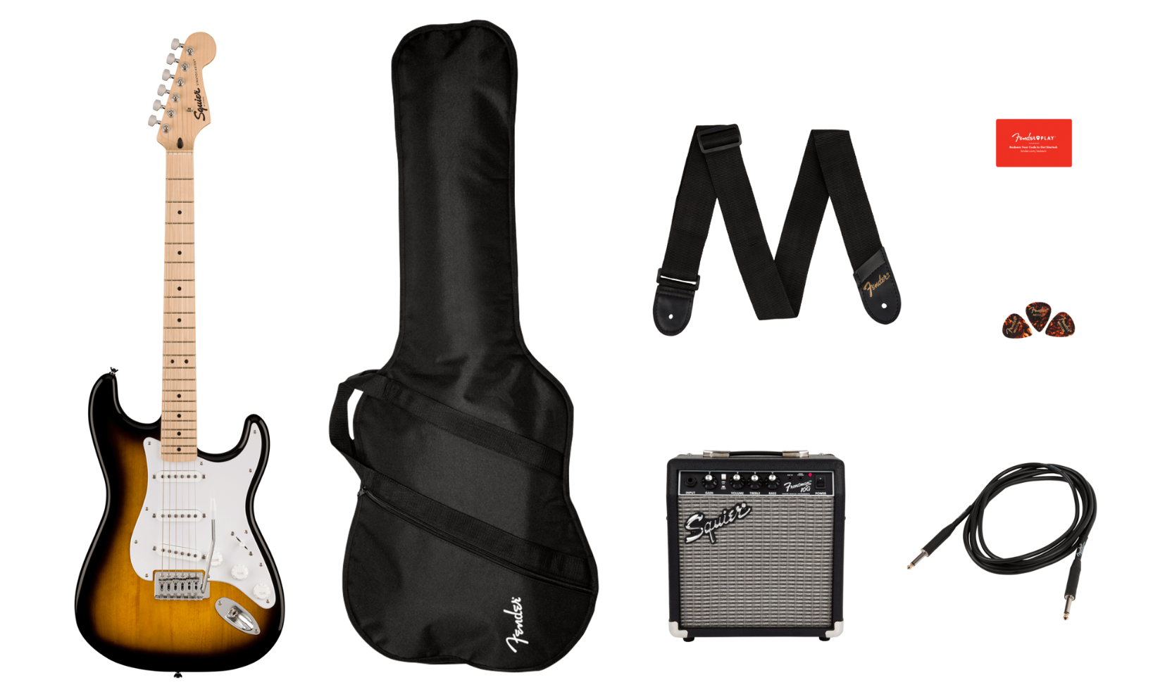 Squier Sonic Stratocaster, Maple Fingerboard Electric Guitar Pack in 2 Color Sunburst