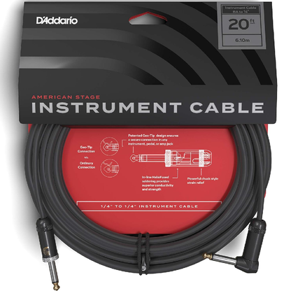 D'Addario Planet Waves 20' American Stage Instrument Straight Right Angle Cable in Black