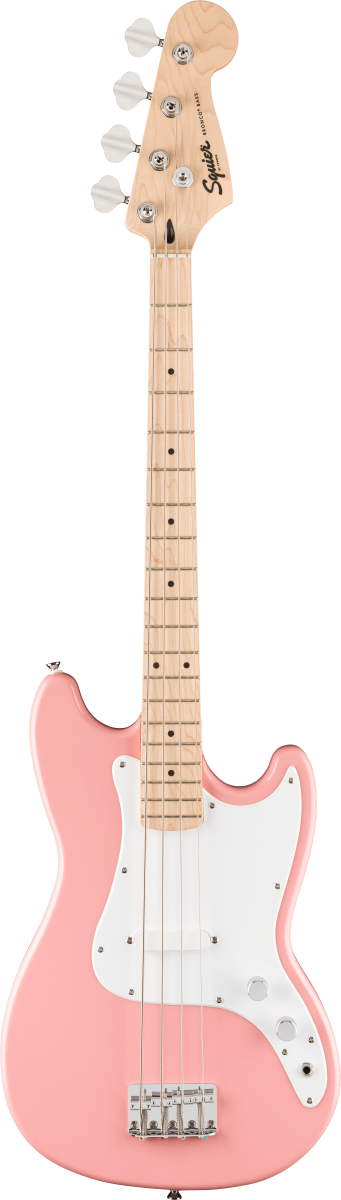 Squier FSR Squier Sonic Bronco Bass, Maple Fingerboard, White Pickguard in Shell Pink