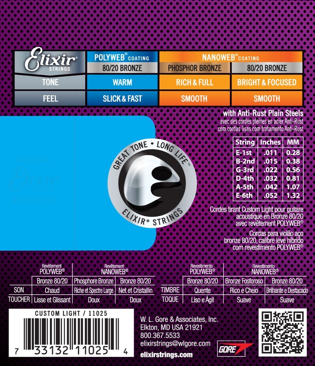 Elixir 11025 Polyweb 80/20 Bronze Acoustic Guitar Strings Custom Light 11-52 Gauge