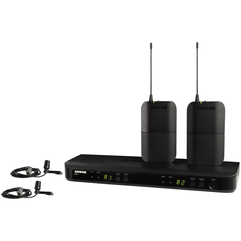 Shure Wireless Dual Lapel Mic System 2 x BLX1 Tx; 2 x CVL-B/C Mic; BLX88 RX; Auto Setup 614-638MHz