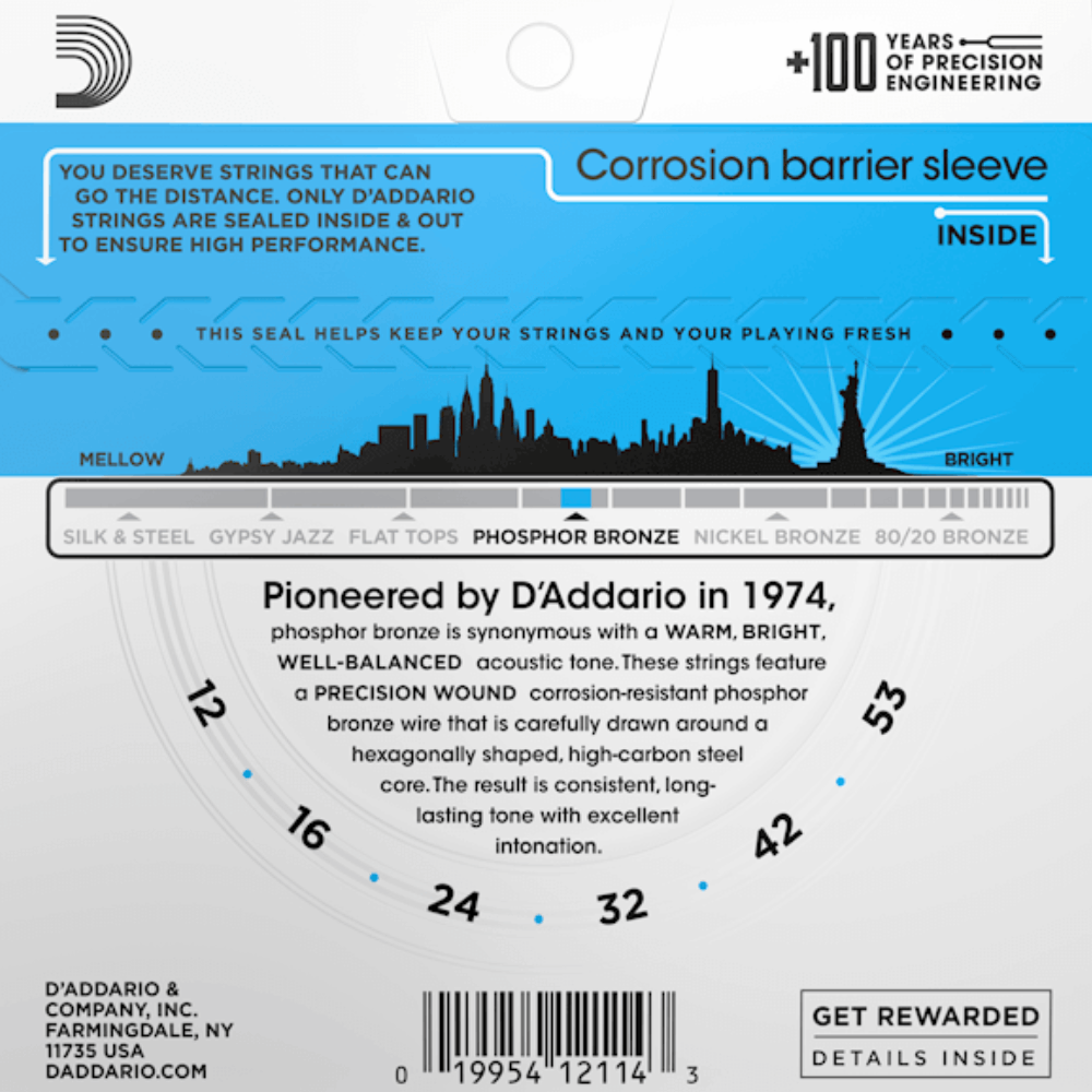D'Addario EJ16 Phosphor Bronze Acoustic Guitar Strings Light 12-53 Gauge