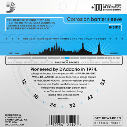 D'Addario EJ16 Phosphor Bronze Acoustic Guitar Strings Light 12-53 Gauge