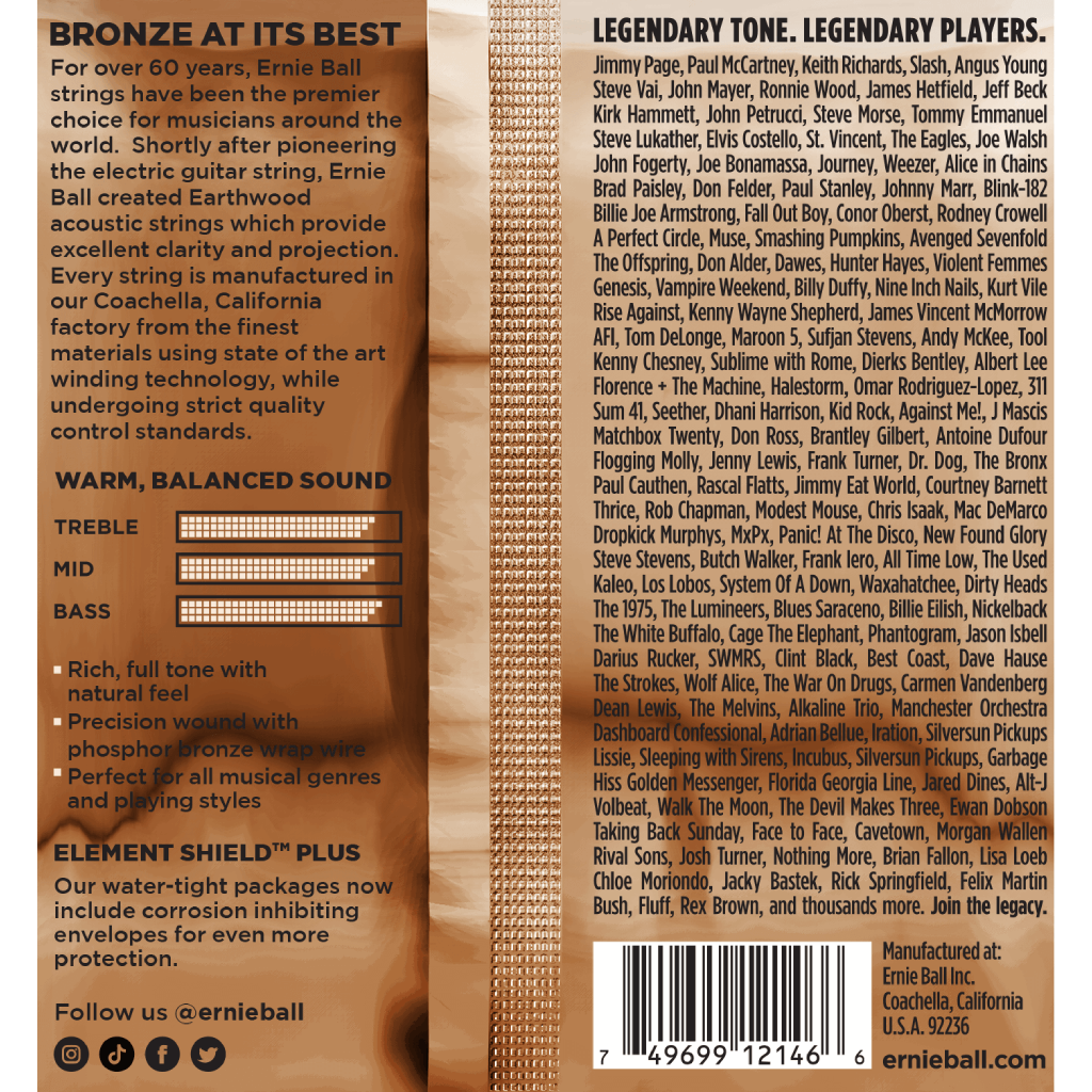 Ernie Ball Medium Light Earthwood Phosphor Bronze  Acoustic Guitar Strings 12-54 Gauge