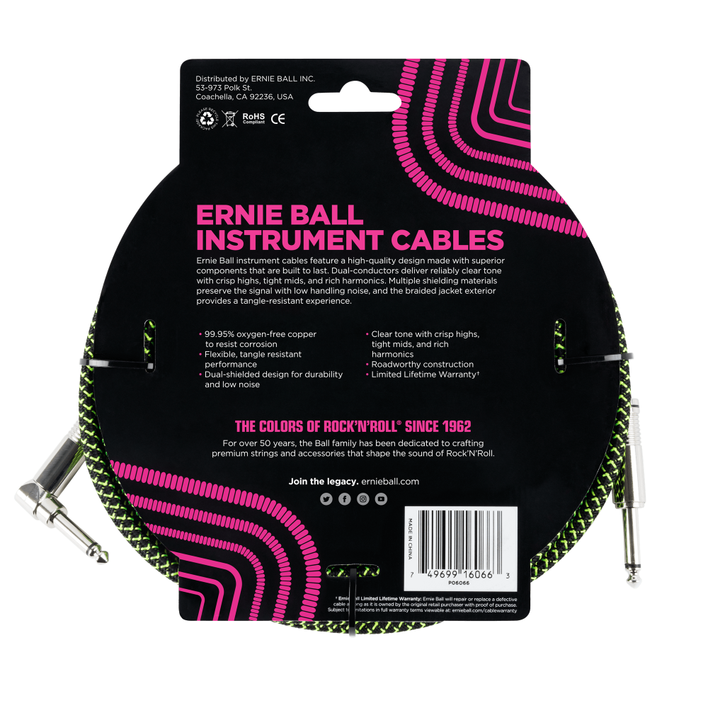 Ernie Ball Braided Straight to Angle Instrument Cable 10 foot in Black Green