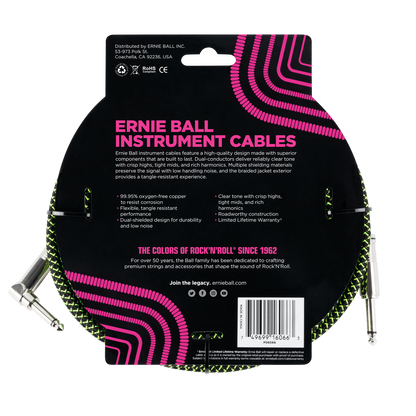 Ernie Ball Braided Straight to Angle Instrument Cable 10 foot in Black Green